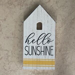 2 New! "Hello Sunshine" Wood & Metal House Shaped Sign Decor Yellow White
